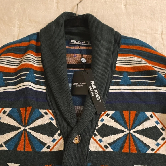 Paul Jones Men's Patterned Cardigan in Blue, Orange, and White - Picture 8 of 15